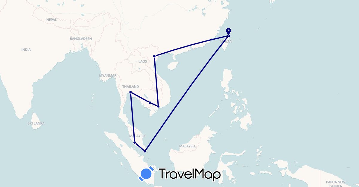 TravelMap itinerary: driving in Cambodia, Malaysia, Singapore, Thailand, Taiwan, Vietnam (Asia)